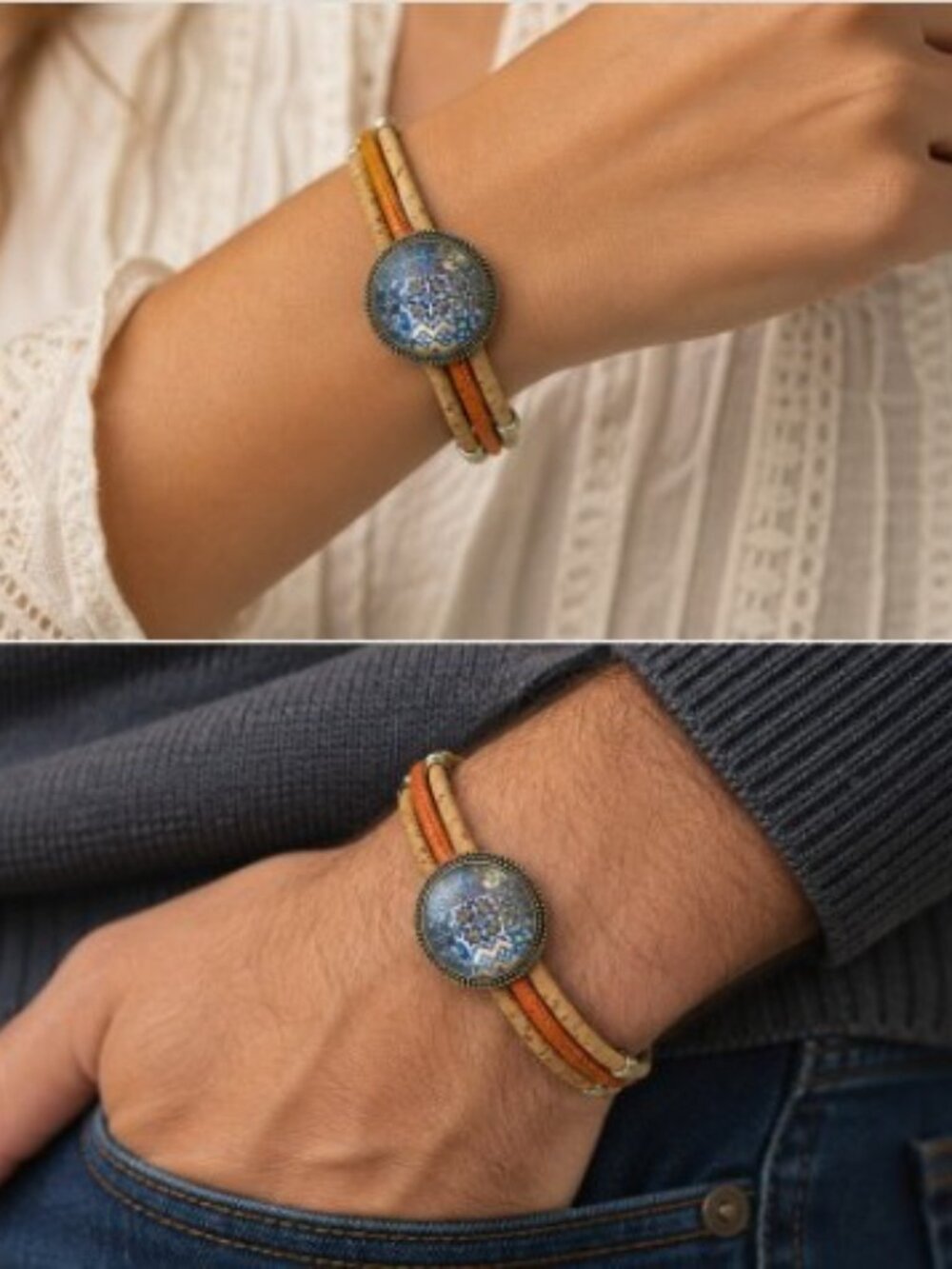 Portuguese Cork & Faux Leather Unisex Bracelet w/ Azulejo Tile Medallion - 7.25" - Picture 3 of 9